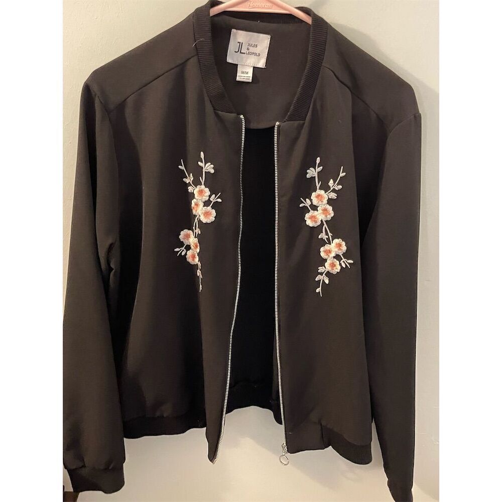 Jules and Leopold Women's M Black Cherry Blossom Embroidered Bomber Jacket